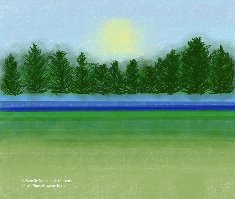 A digital painting of a green field, blue river, green trees, yellow sun and blue sky.