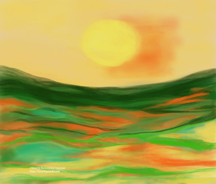 An abstract digital painting of a lovely morning sunrise using yellow, green, orange colors.